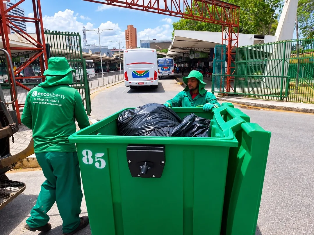 Profissionais da Ecco Liberty com uniformes verdes durante a coleta de resíduos